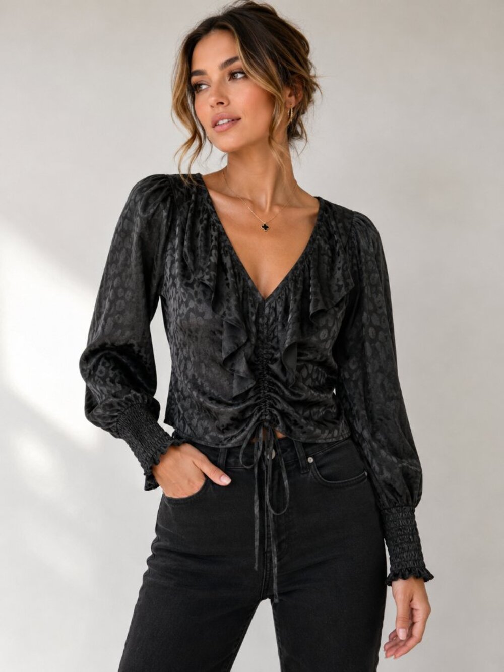 Mustard Seed S Black Leopard Jacquard Ruched Blouse Ruffle Whimsigoth Romantic